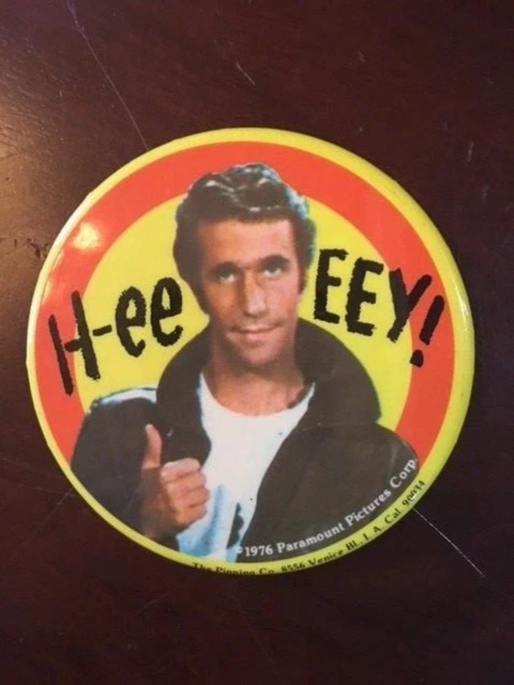 Vintage Yellow & Orange 'H-EE Y!' Round Button Pin